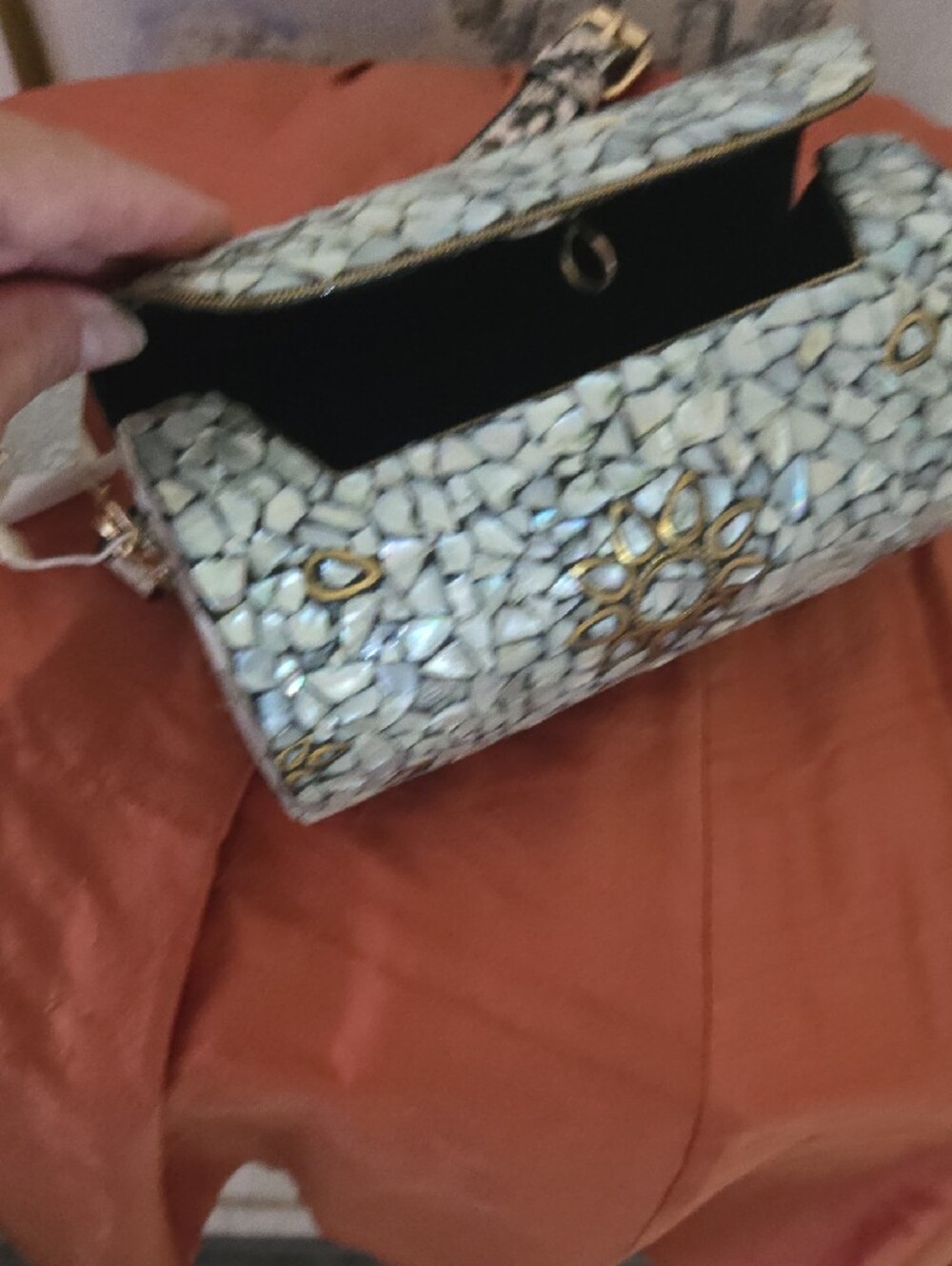Vintage Mosaic Mother Of Pearl Cylinder Barrel Clutch Crossbody  Gold Ornaments - Picture 4 of 6